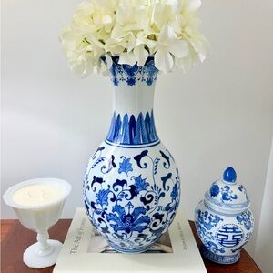 Large 15” Vintage Blue & White Chinoiserie Porcelain Vase | Floral Scroll Vase